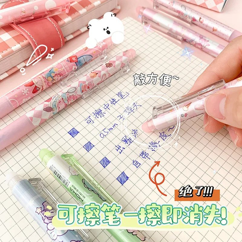 6Pcs/Set Kawaii Peach Erasable Pen 0.5mm Blue Ink Press Gel Pen Wrinting Pens Journal School Student Supplies Cute Stationery