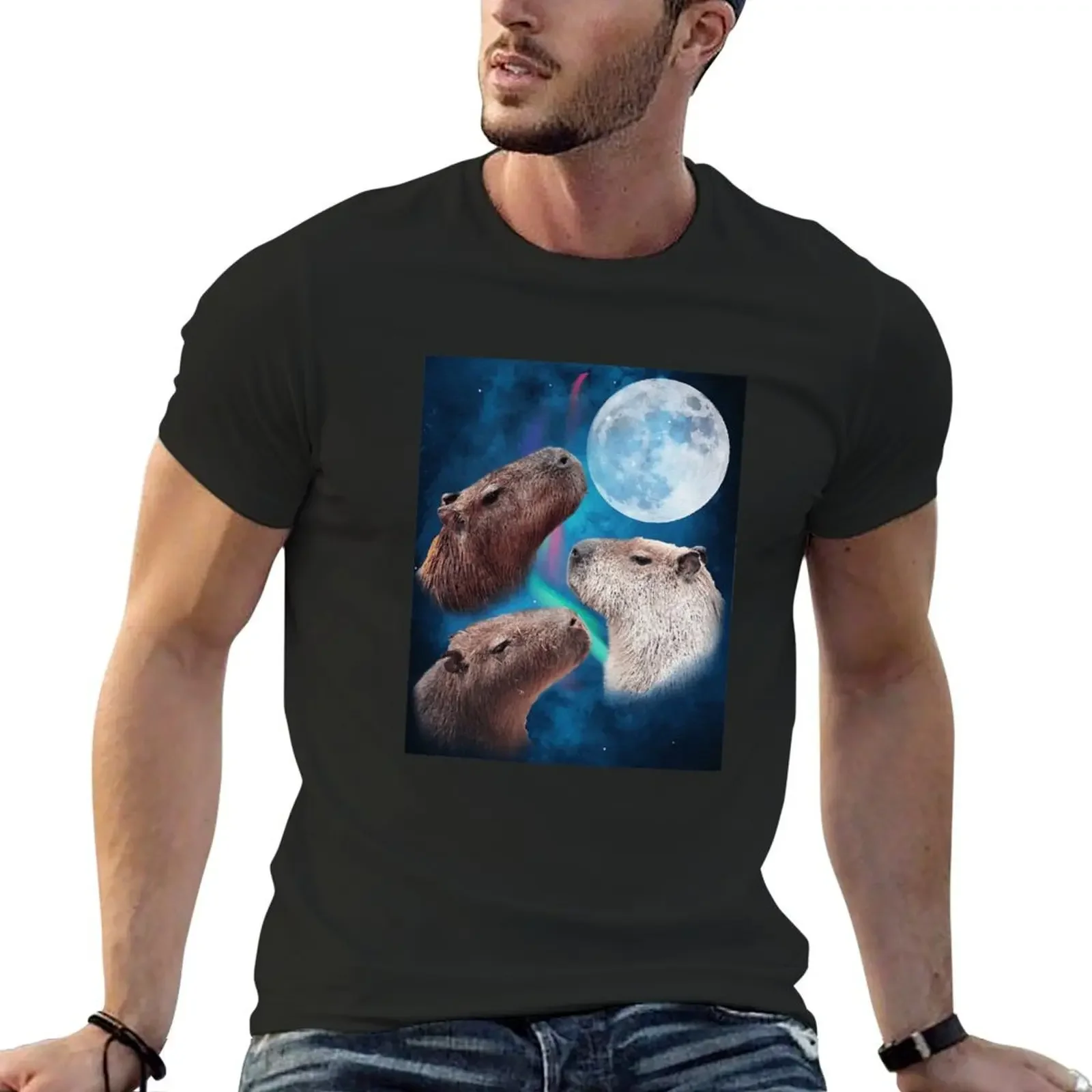 Three Capybaras Moon and Nighttime Sky T-Shirt vintage t shirts designer shirts fruit of the loom mens t shirts