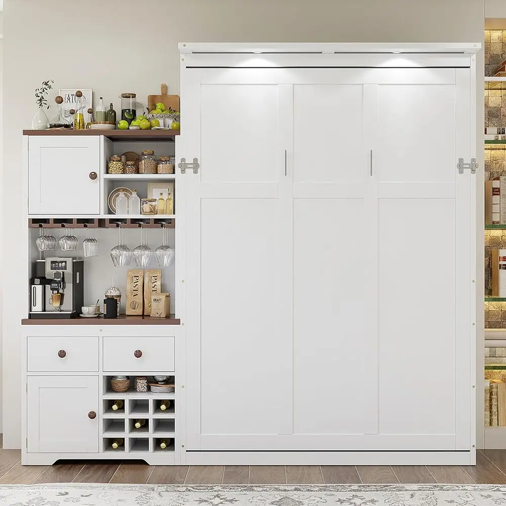 

Queen Size Murphy Bed, Wood Murphy Bed with Storage Cabinet, Wine Rack, Glass Holder, Ders and Multi-Color LED Strip, White