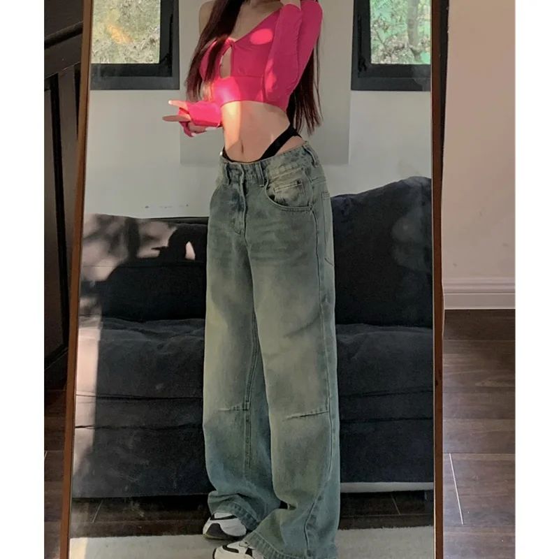 

Light Color Old Vintage Jeans 2023 Summer Thin Style Casual Mop Pants Design Sense High Waist Straight Tube Thin Wide Leg Pants