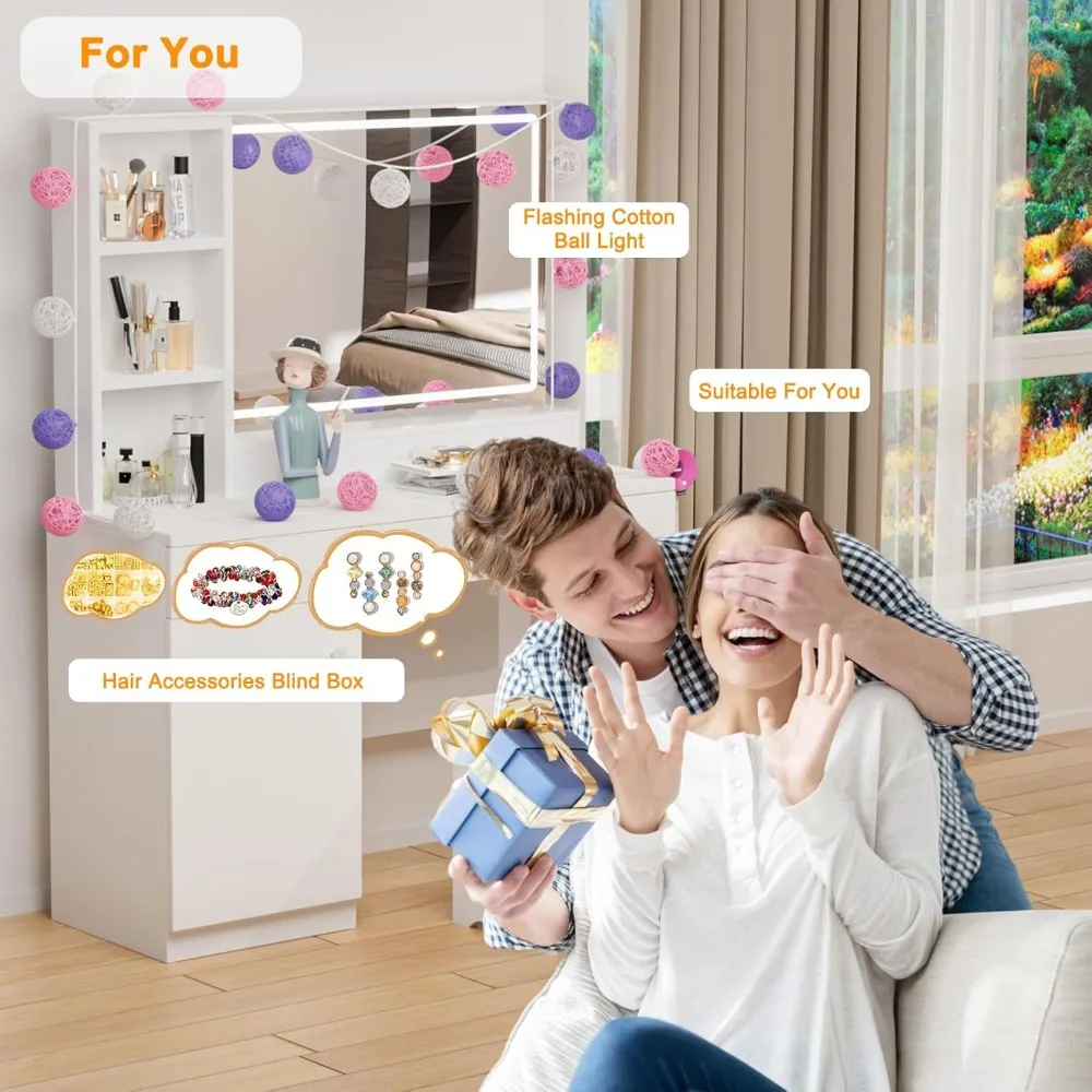 مكتب مكياج مع مرآة وأضواء LED، مكتب مكياج مع أضواء 3 ألوان، مكياج مع 5 أدراج و3 أرفف، Vanity Ta #4