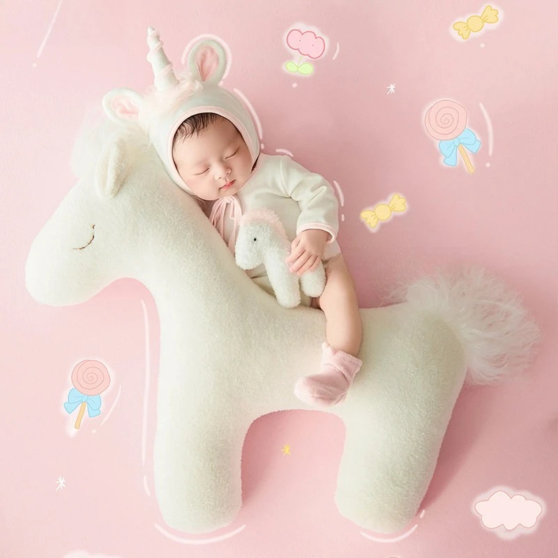 Newborn Photography Props Baby Girl 2026 Pink Horse Theme Set Furry Alpaca Outfit with Florals Decors Backdrop for Photoshoot