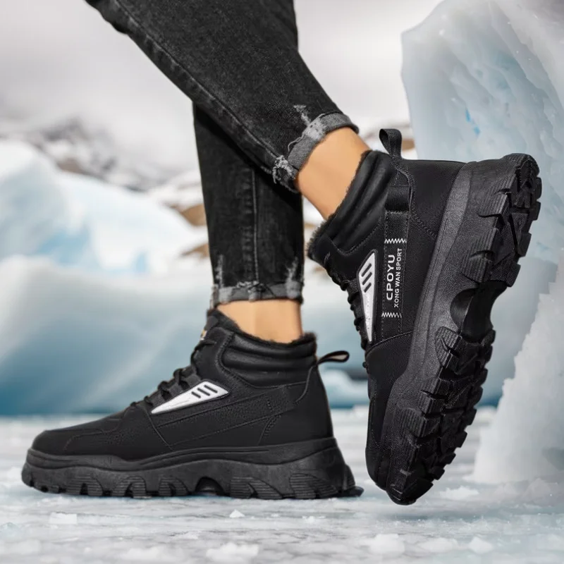 British Style Snow Boots for Men, Lace-up, Platform Design, PU Shaft, Plush Lining, Rubber Sole, Round Toe, Winter Boots