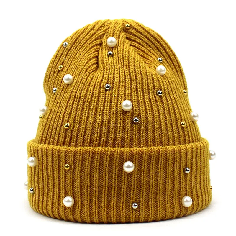 Winter Knitted Beanie Women Ladies Casual Outdoor Warm Skullies Cap Rhinestone Pearls Knitting Hats Female Solid Color Casual