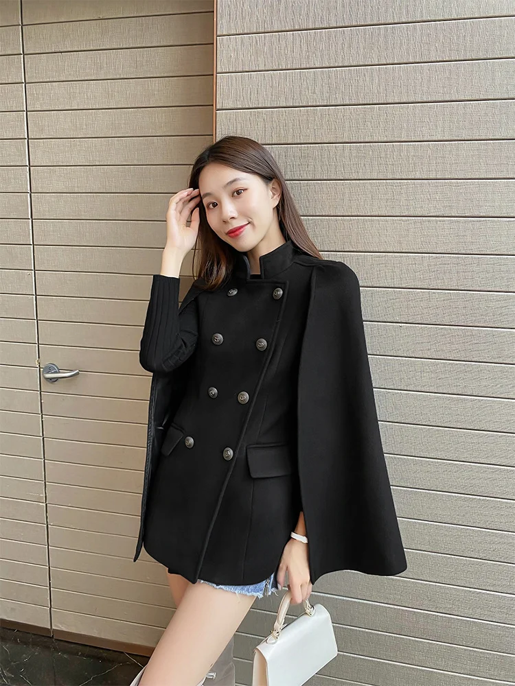 Women Capes Jackets Black Woolen Cloth Cloak Coat Ladies Autumn Winter Mid-length Double Breasted Loose Poncho Femme New Outwear