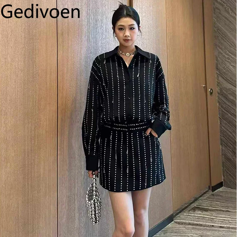 Gedivoen تنورة سوداء صغيرة قميص تنورة ضغط ساخن الماس شرابة تخفيف البوليستر طويلة الأكمام طية صدر السترة فستان عصري