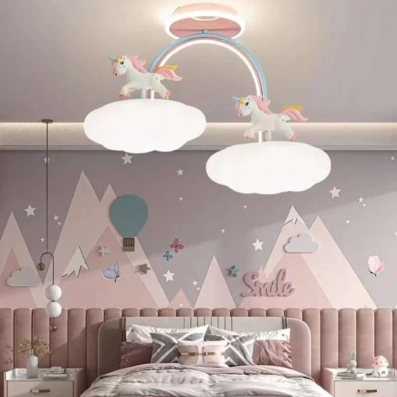 

SANDYHA Kids Ceiling Light Cartoon Cloud Unicorn Eye Protection Lamp Full Spectrum LED Princess Bedroom Lighting Childrens Room