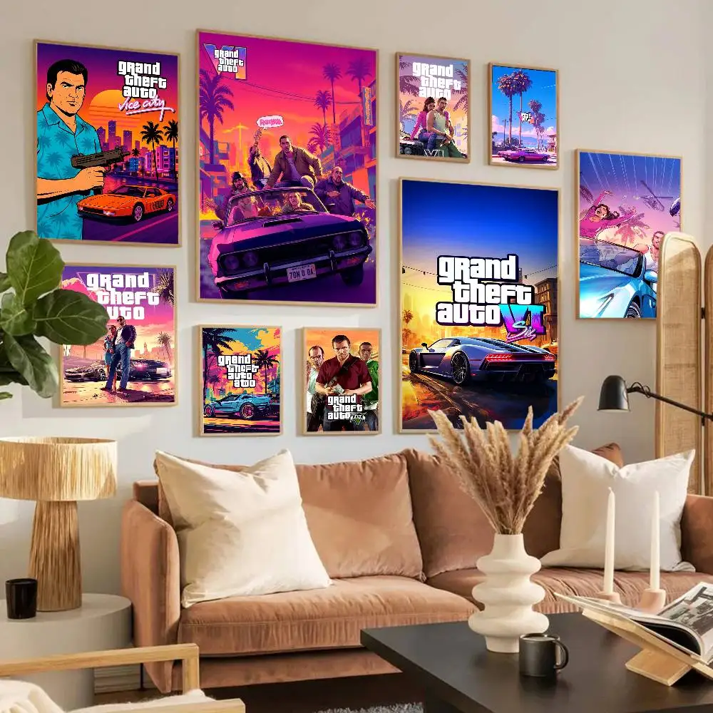 Pósteres clásicos vintage del juego Grand Theft Auto VI, impresiones en papel blanco, pósteres artísticos, decoración de habitación Kawaii