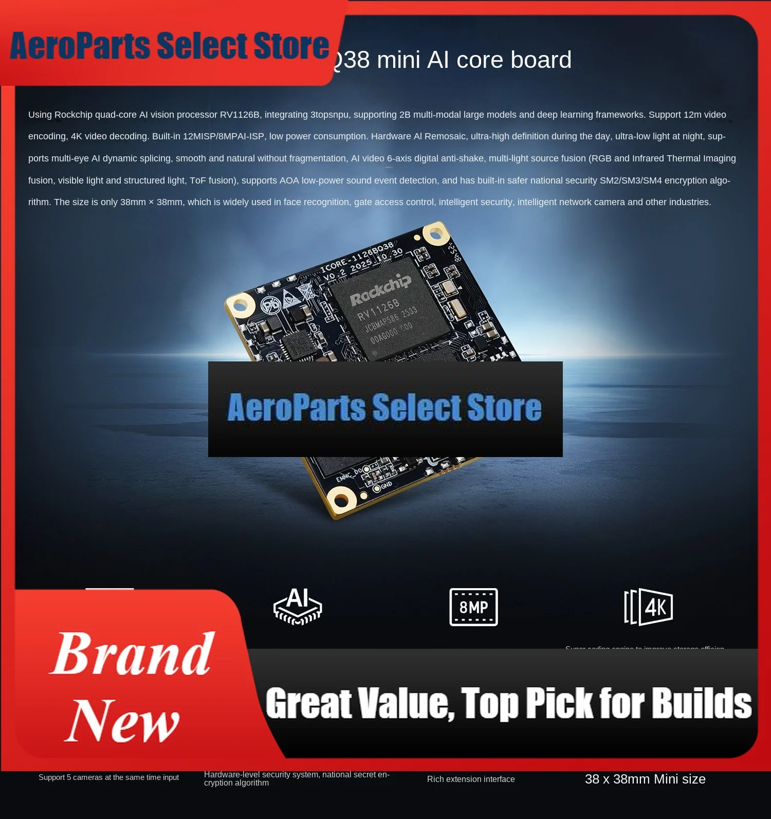 AeroPartsFirefly-ICORE-1126BQ38 3T Mini AI Vision Board With 4K Decoding & AI-ISP Powered By Rockchip RV1126B Processor