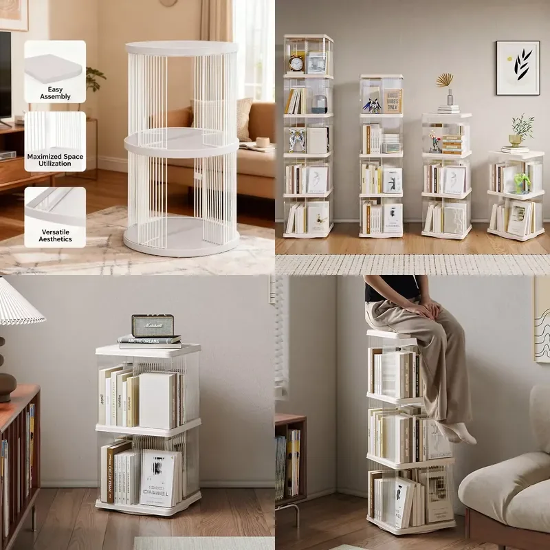 Rotating Bookcase Floor Standing Large Capacity Multi Tier Storage Shelf Cabinet for Kids Room Living Room Librero