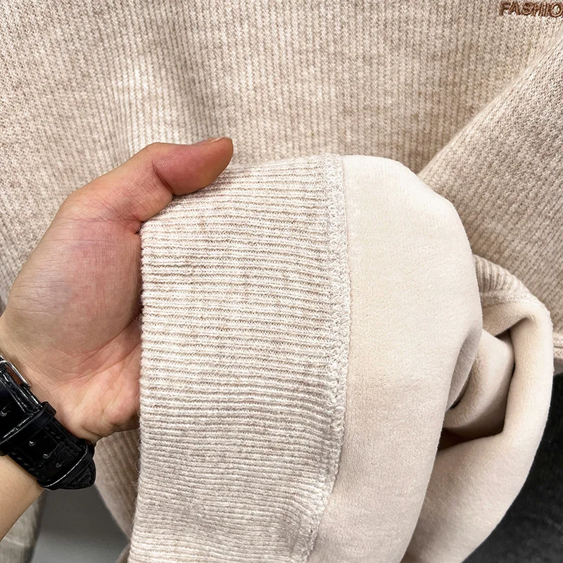 Designer Original Men's Fleece-Lined Thickened Ribbed Crew Neck Sweatshirt Warm Anti Pilling Long Sleeve Casual Autumn Winter