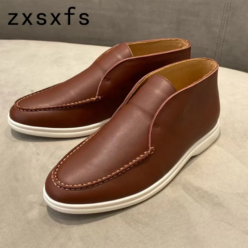 

High Top Casual Kidsuede Men Shoes Round Toe Cozy Real Leather Flat Penny Shoes Slip-on Lazy Loafers Shoes Summer Walking Shoes