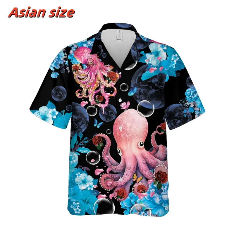 Tentacles Flower Pattern Hawaiian Shirt For Men Ship Fruit 3D Printed Blouse Summer Loose Short Sleeve Lapel Tops Aloha Shirts