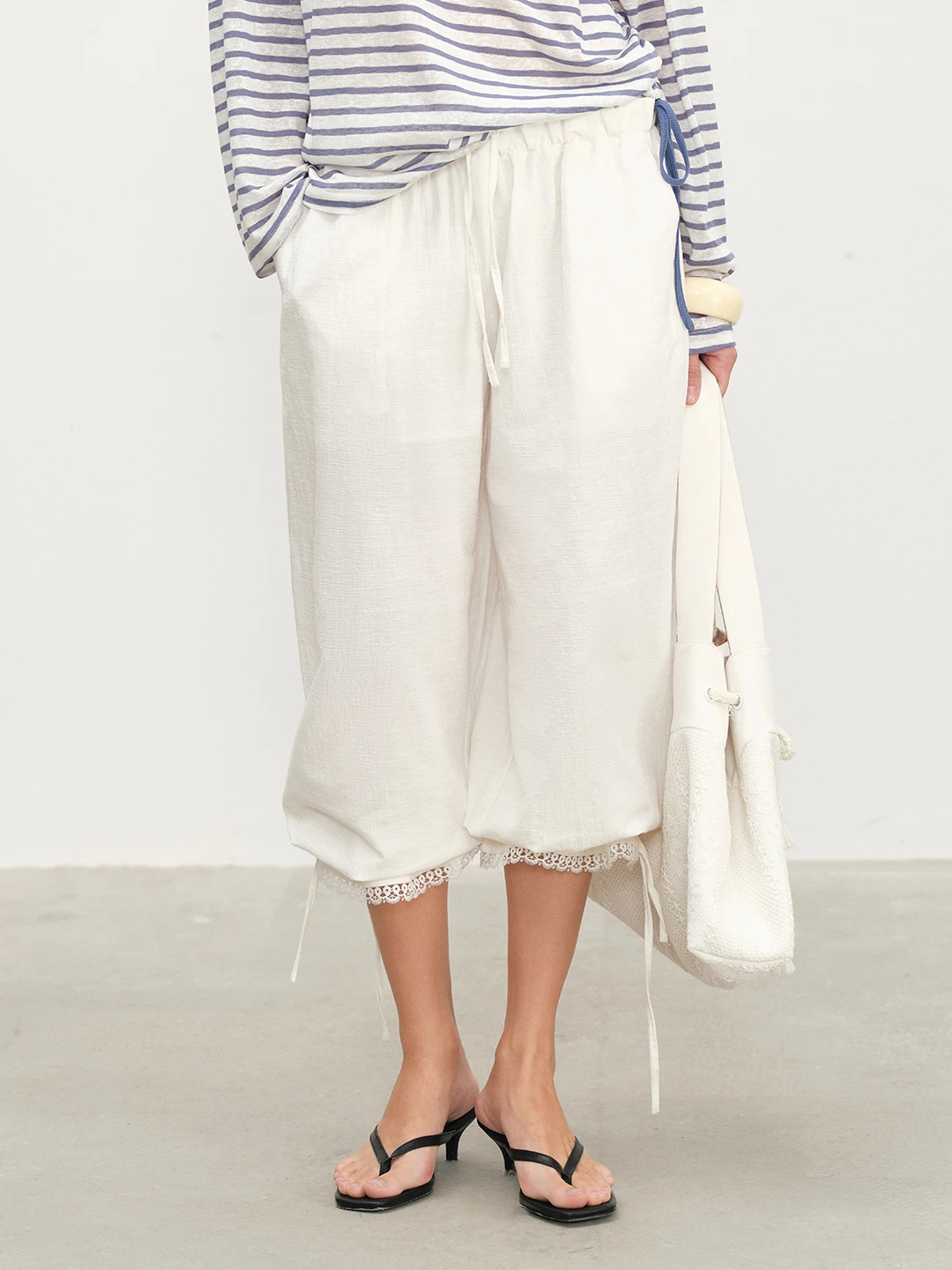 

Howwell 2026SS Natural Cotton Linen Breathable Lace-Up Design Nine-Piece Lantern Double-Sided Casual Long Pants Women's Jeans