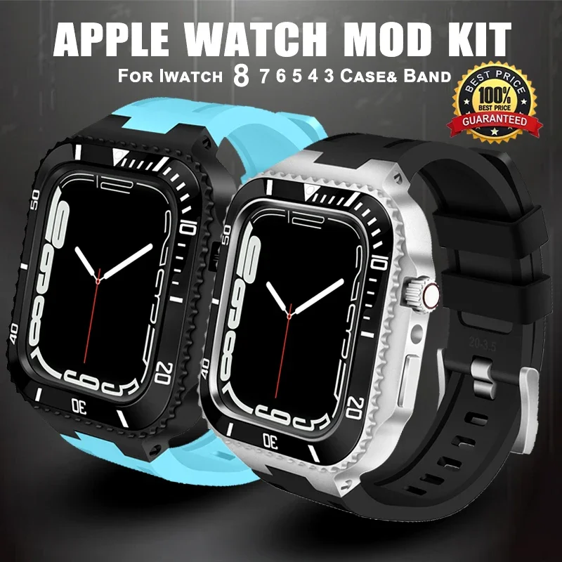 Luxury Modification Mod Kit For Apple Watch 8 7 6 5 4 44mm 45mm Rubber Strap Steel Metal Frame Accessories For iwatch Series