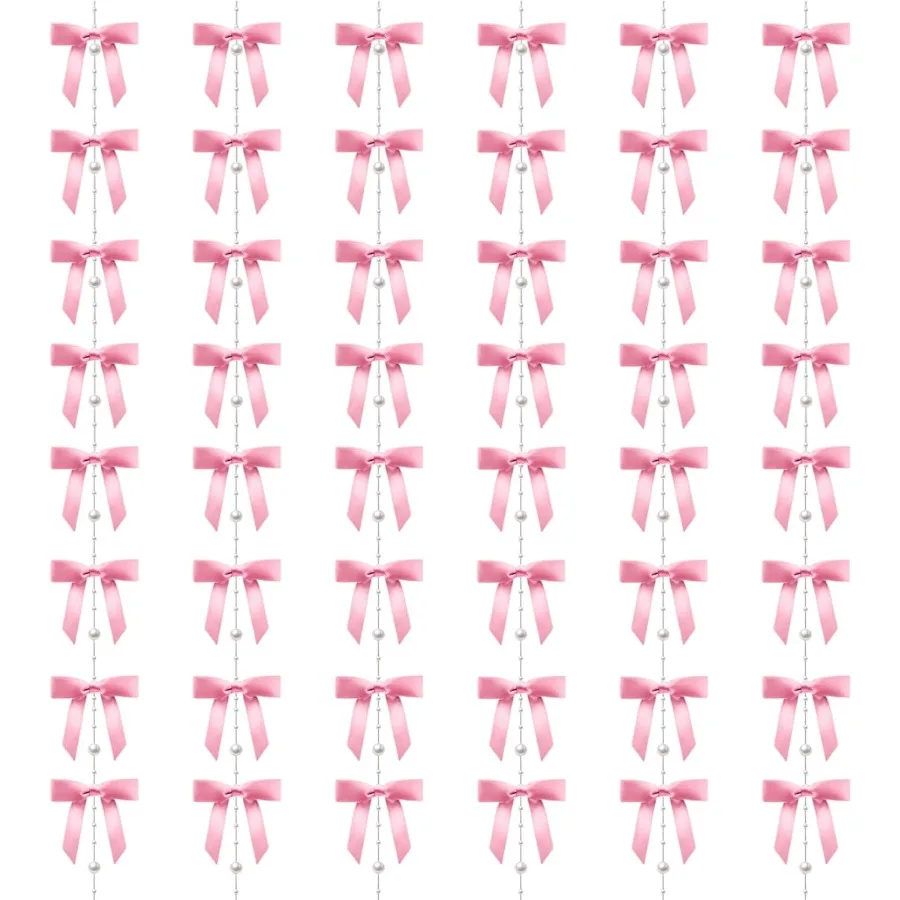 

Комплект из 6 розовых атласных лент с бантом Декор с бантом Настенный декор Жемчужные гирлянды и завязывание-узел Тема свадебной вечеринки для рождения свадебного душа