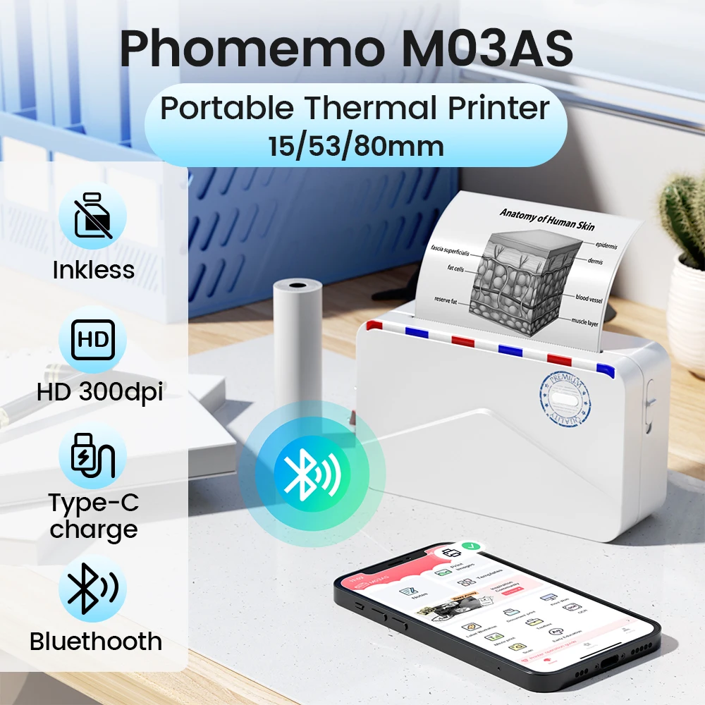 Портативный мини-термопринтер Phomemo M03AS, беспроводной Bluetooth-принтер для этикеток без чернил, карманный, 300dpi, совместим с 50-80 мм