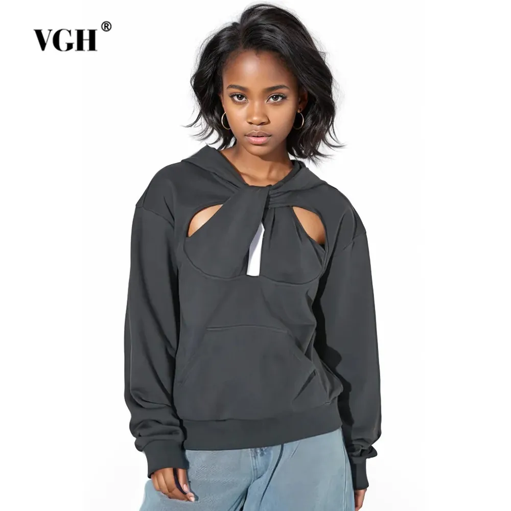 

VGH Hollow Out Casual Solid Sweatshirt For Women Hooded Long Sleeve Minimalist Loose Pullover Sweatshirts Female Fashion Style