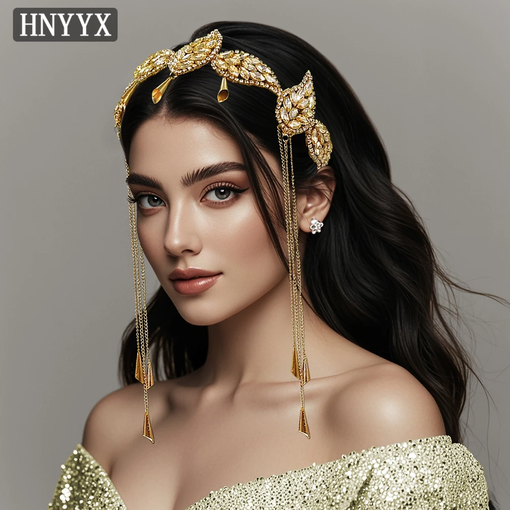 

HNYYX Champagne Leaf Shaped Headband Alloy Tassel Hairband Full Rhinestone Luxury Headpiece Royal Princess Hair Accessories A365