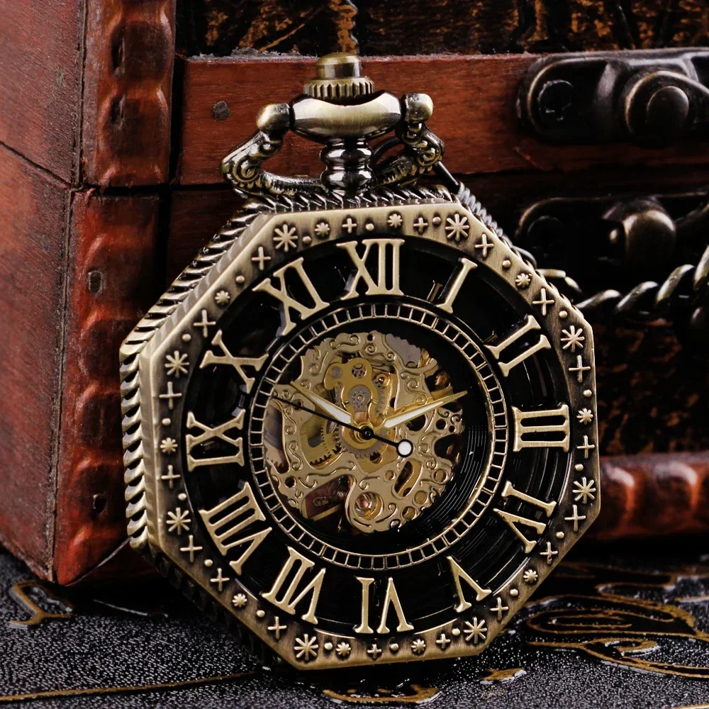 Retro Bronze Roman Numerals Hollow Out Mechanical Hand-Winding Pocket Watch 30 cm Pocket Chain Pendant Antique Timepiece Gift