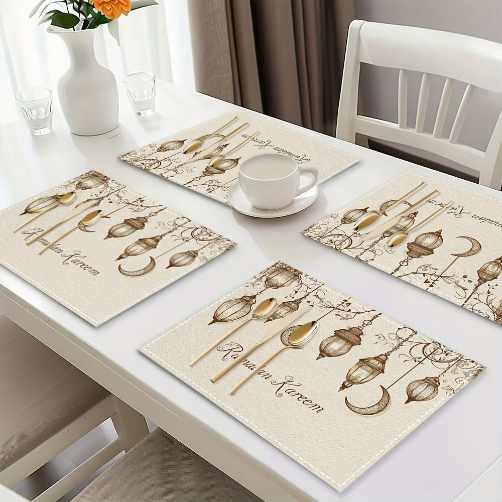 4PC Ramadan Lantern Moon Stars Placemats Rectangular Polyester Table Mats Dining Table Protectors Restaurant Decor Multiple Use view 5