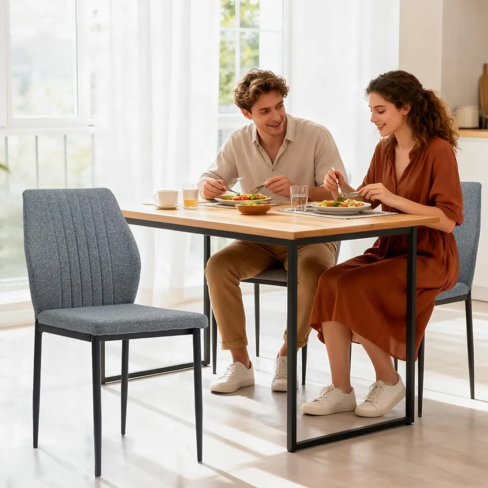 طقم كراسي طعام منجدة مكون من 4 قطع، طراز حديث لمنتصف القرن، كراسي قماش بإطار خشبي وأرجل معدنية، قماش شانيل