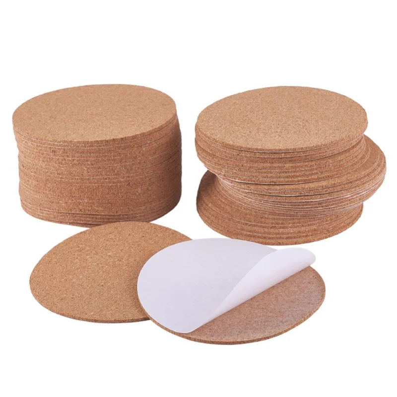 50Pcs Self-Adhesive Cork Insulation Sheets Flat Round Wooden Board for DIY Coasters Wall Decor Picture Stickers Table Ornaments