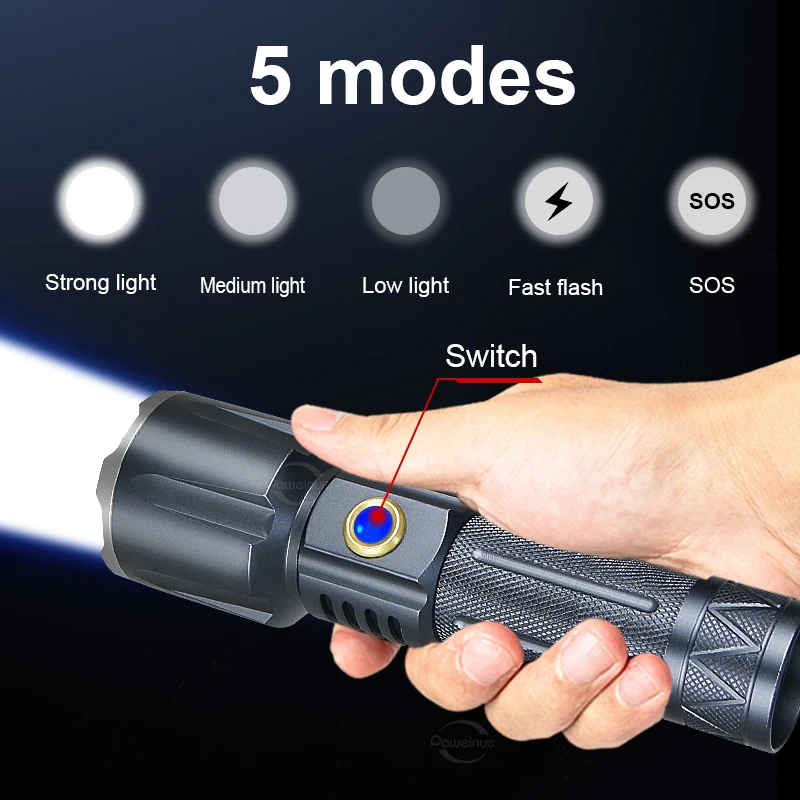 Super LED Flashlight Usb Rechargeable Powerful Torch Zoomable Waterproof Tactical Flash Light for Working Hunting etc