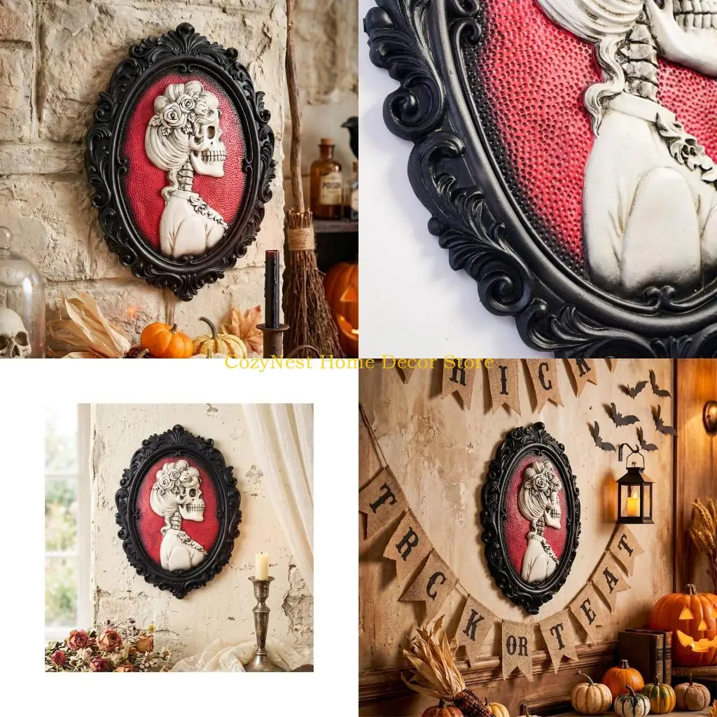 92MF Ornate Skull Wall Plaque with Raised Profile Art for Hallway Accent