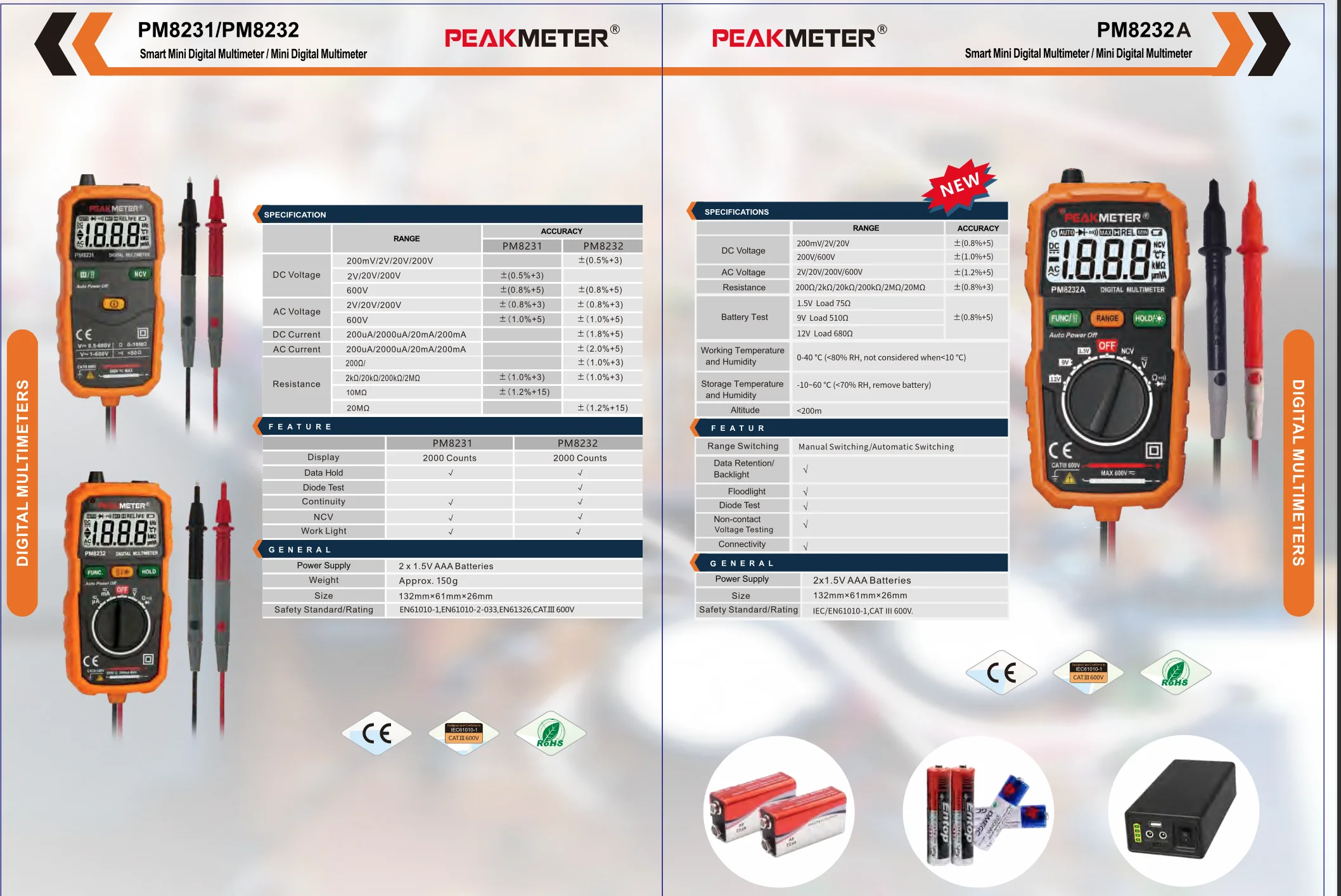 Peakmeter PM8231/PM8232/PM8231A Digital Multimeter DC / AC Current Auto Range Multimeter High Precision Stable Performance