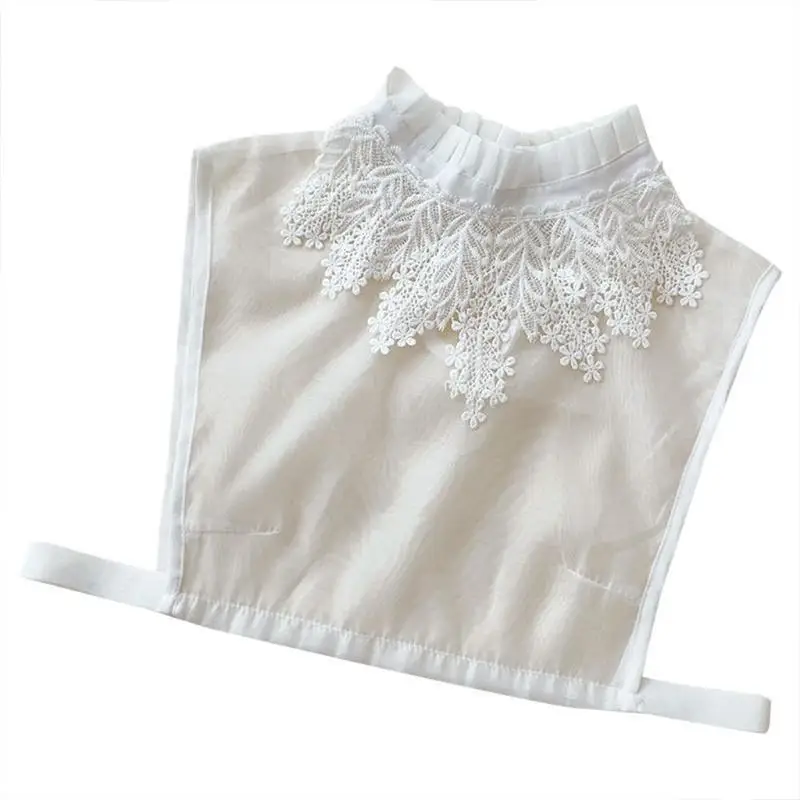 R1WE بلوزة نسائية أنيقة شفافة من الأورجانزا بياقة كاذبة قابلة للفصل مطرزة بأوراق دانتيل وحامل مكشكش نصف قميص ديكي