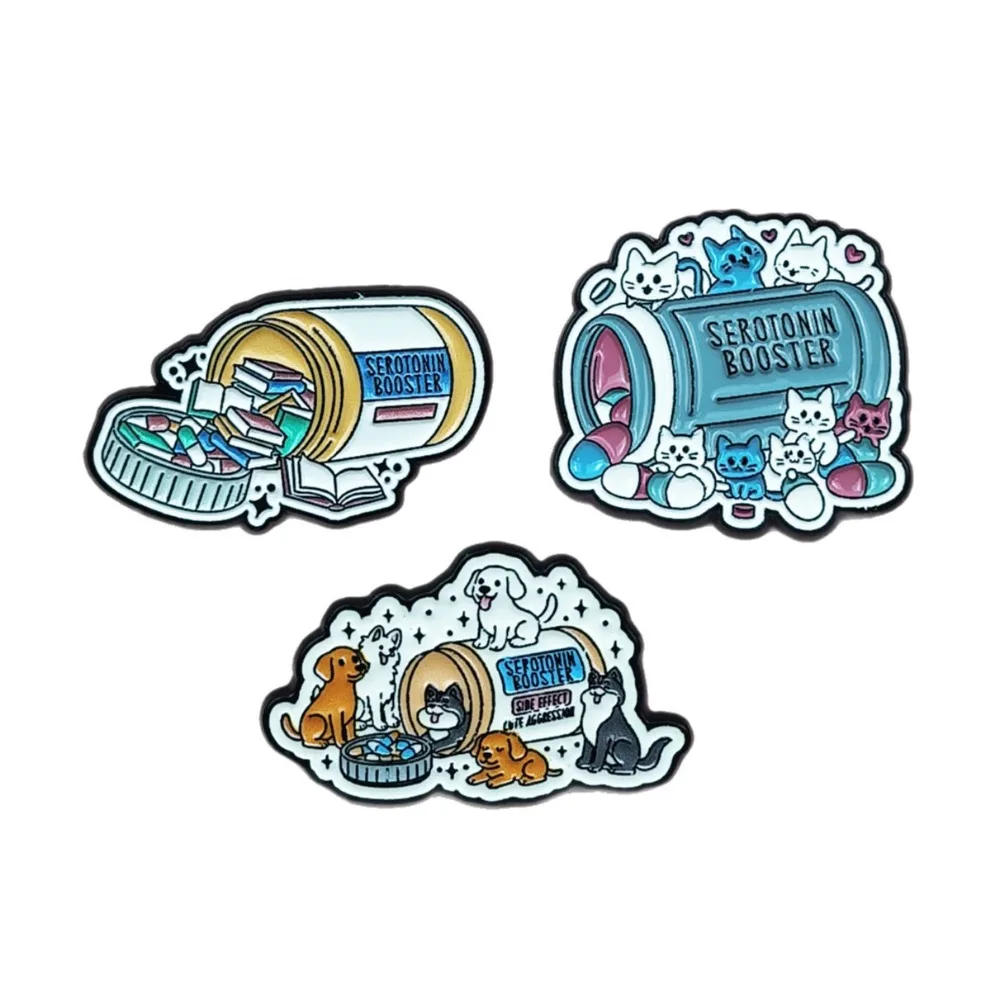 Serotonin Booster Pill Bottle Enamel Pins Cute Cat Dog Cartoon Lapel Pin Badge Mental Health Quote Brooch Backpack Jacket Decor