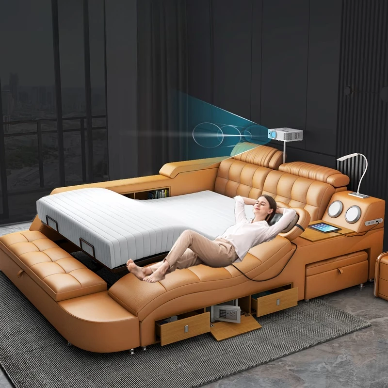 

Double Modern Bed Multifonction Massager Minimalist Home Bed Storage Leather Camas De Matrimonio Dormitorio Bedroom Furniture