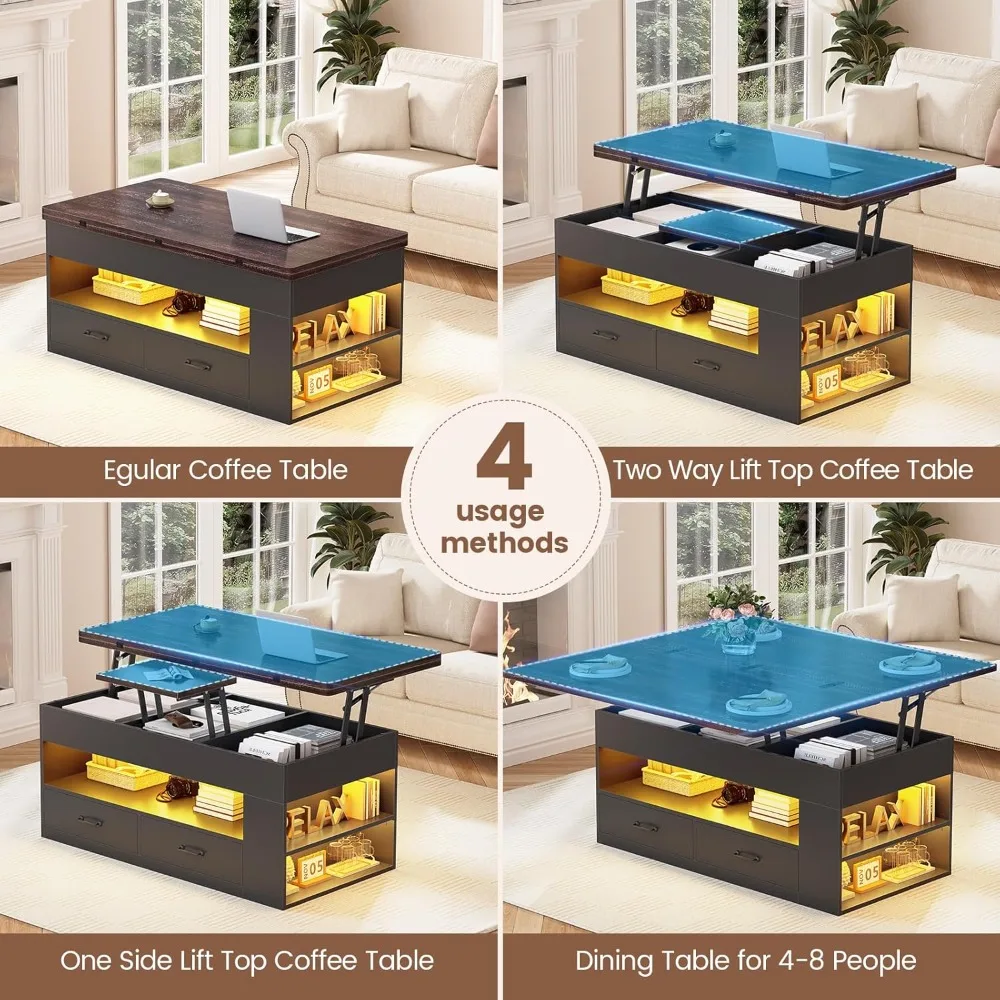 طاولة قهوة قابلة للرفع، وطاولة قهوة 4 في 1 مع مساحة تخزين ومقصورات مخفية، وطاولة قهوة للمزرعة مع درجين من القماش #5