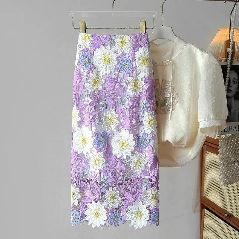 Crochet Lace Skirts Women Embroidered Floral A Skirts Vintage Spring Summer Korean Fashion Elegant Sweet Bodycon Skirt Femmale