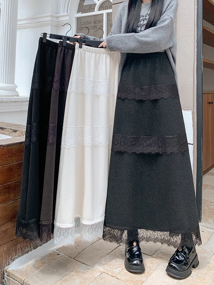 Spitze Spleißen Samt Halbrock Frauen im Herbst Winter hohe Taille Mode A-Linie große Schaukel entspannt Kuchen langen Rock