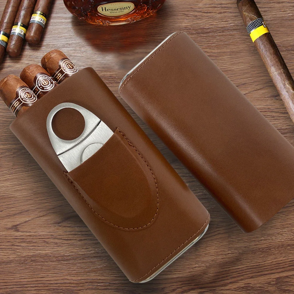 Leather Cigar Case Set With Cutter Cedar Wood Lining Humidor Box Fit 3 Cigars Portable Smoking Accessories Tool For Cohiba