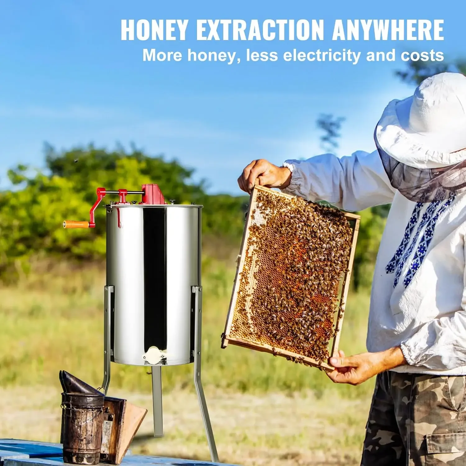 Honey Extractor, 2/4 Frame Stainless Steel Manual Beekeeping Extraction, Honeycomb Drum Spinner with Transparent Lid=