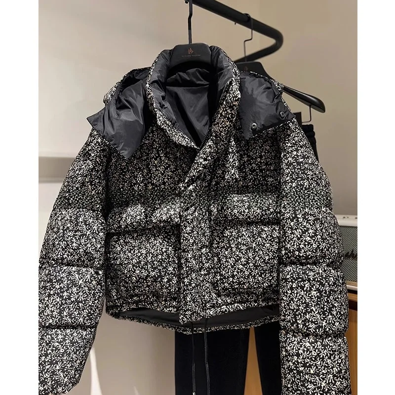 

Ele Bla Floral Print ort Puffer Jaet Women's Winter Thiened Hooded Coat Commute Sle Loose Fit High Polyester