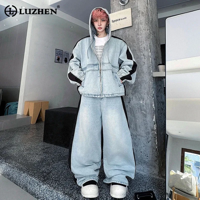 LUZHEN 2026 Spring Street Denim Two-piece Sets Men Color Contrast Splicing Hooded Coat Stylish Loose Sports Casual Pants JY6108