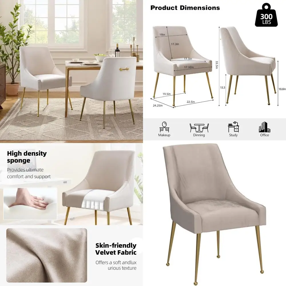 

Pair of Velvet Upholstered Dining Chairs with Polished Gold Legs, Suitable for Farmhouse and Vanity Settings
