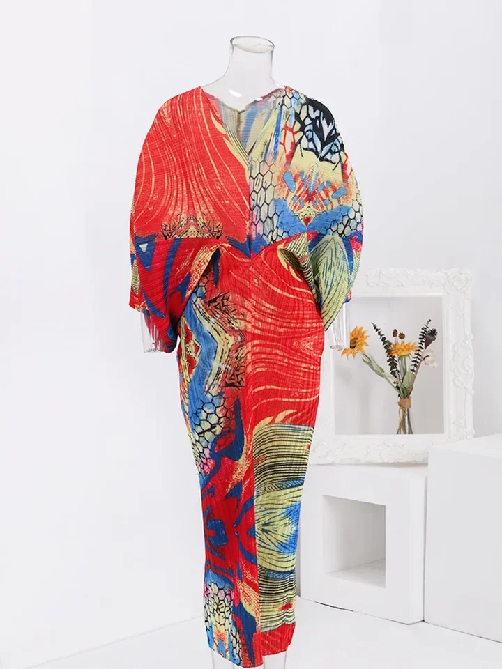 

Fashion Printing Pleated Dress For Women V Neck Long Batwing Sleeves Dresses High End Female Clothing New