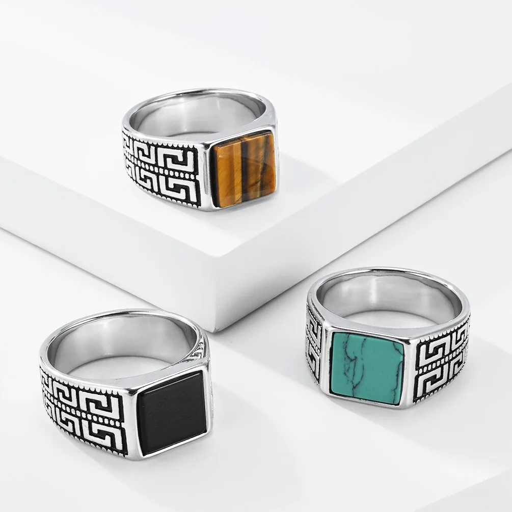 Square Stone Signet Ring for Men Black Stone Tiger Eye Turquoise Stainless Steel Greek Key Vintage Retro Statement Jewelry Gift