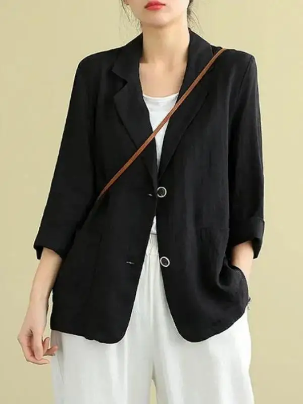 Ladies Cotton Linen Short Suit Jacket Loose Long Sleeve Spring Autumn New Style plus Size Korean Version High Waist Design