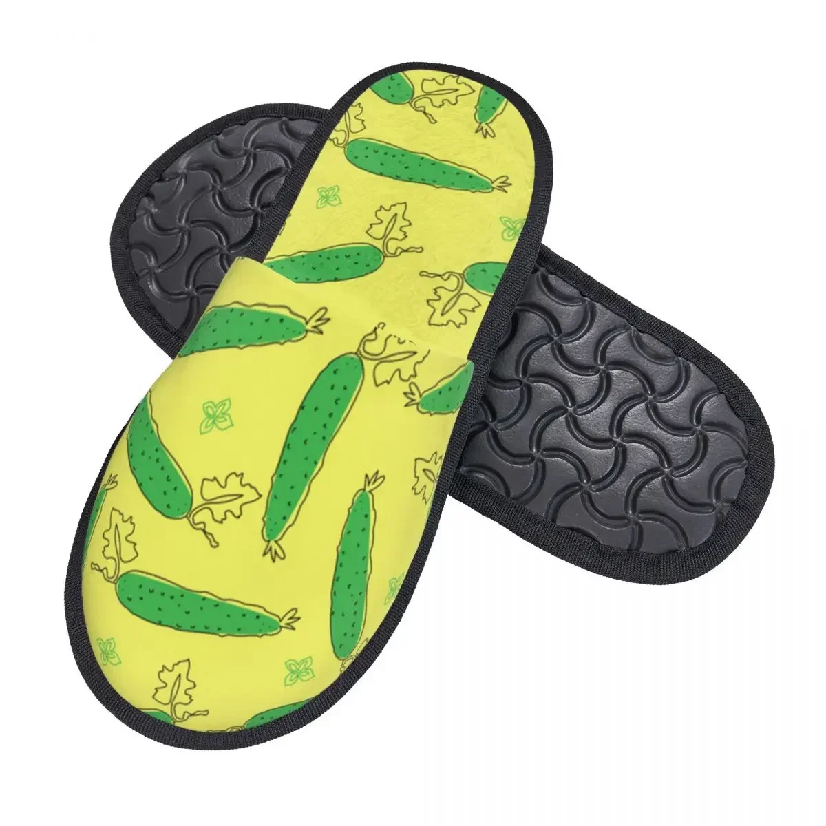 Soft Plush Cotton Hand Drawn Cucumber Pattern Slippers Shoes Non-Slip Floor Indoor Furry  For Bedroom