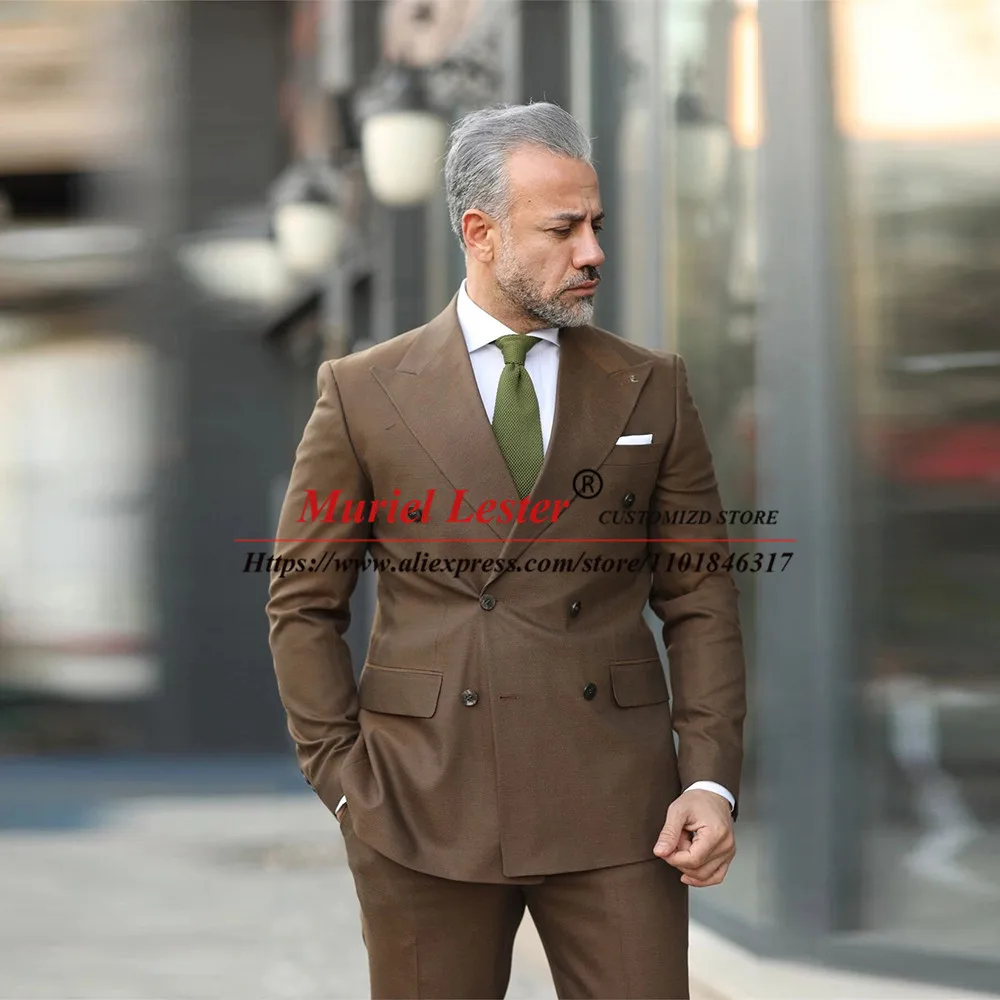 

Brown Groom Suit Formal Business Blazer Set Double Breasted 2 Pieces Wedding Tuxedo Tailored Made Evening Prom Party Dress Male