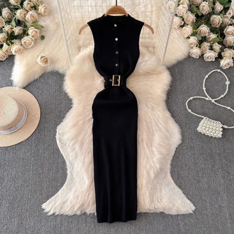 Neploe Stand Collar Single Breasted Dress for Women 2024 Summer New Vest Dresses Y2k Mid-length Bodycon Vestido Feminino