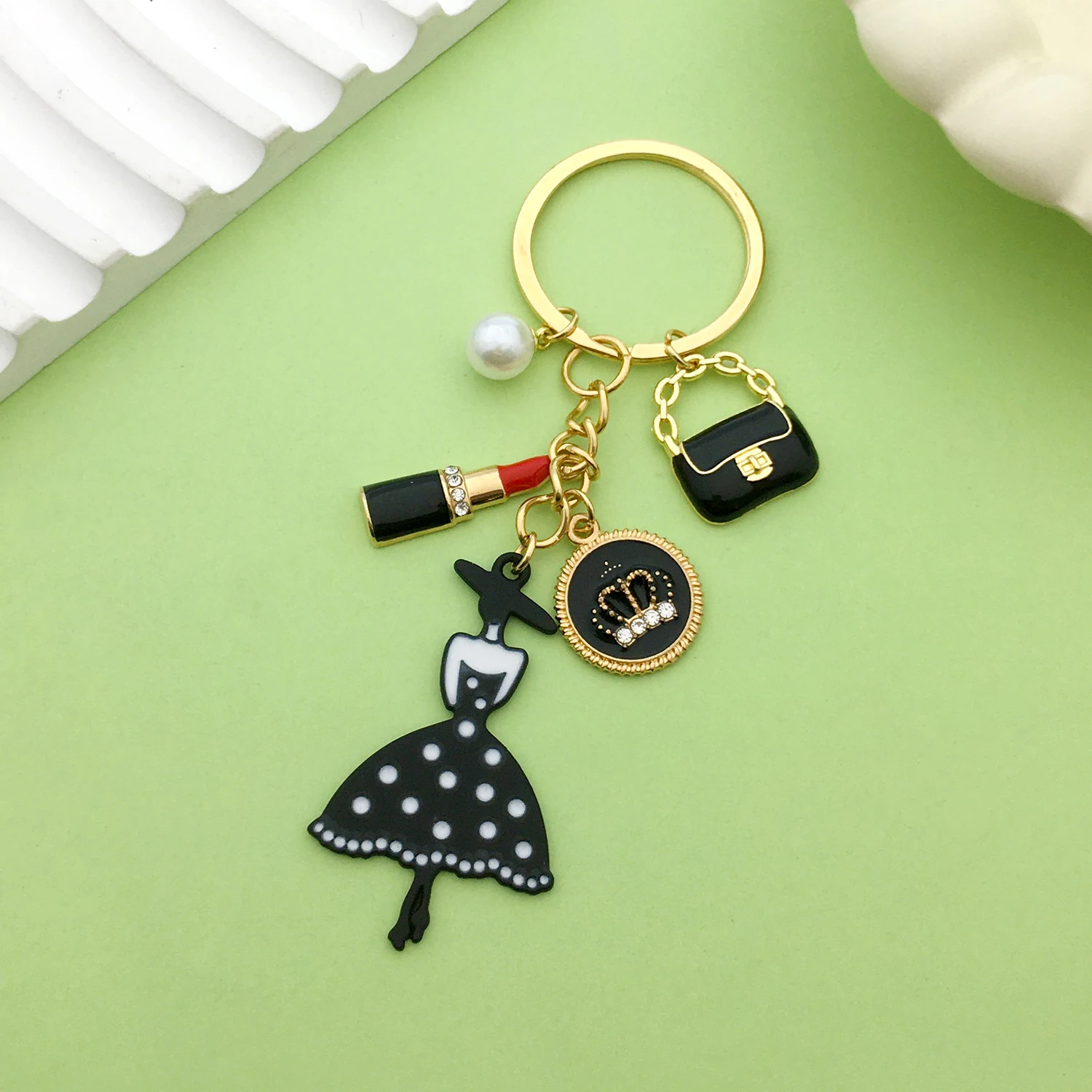 سلسلة مفاتيح معدنية عصرية من المينا للنساء ، حقيبة صغيرة ، أحمر شفاه ، خاتم مفتاح تاج ، هدية مجوهرات للفتيات ، 1 ≥ #4