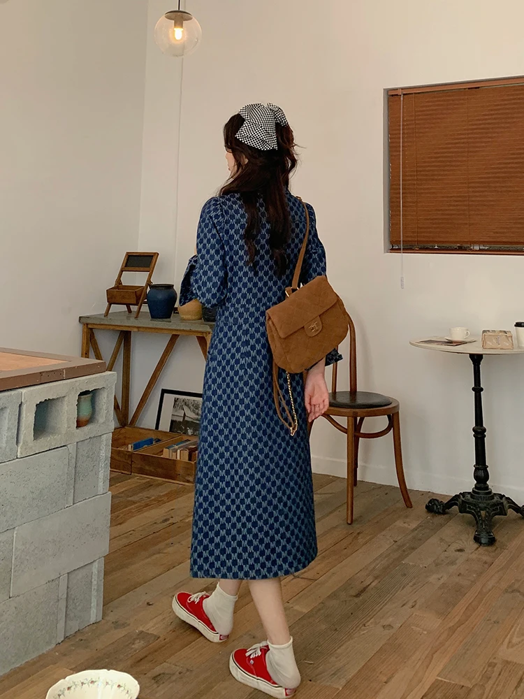 Women Denim Long Dresses Female Lapel Collar Long Sleeve Large Size Elegant A Line Autumn Winter Single-breasted Blue Vestidos