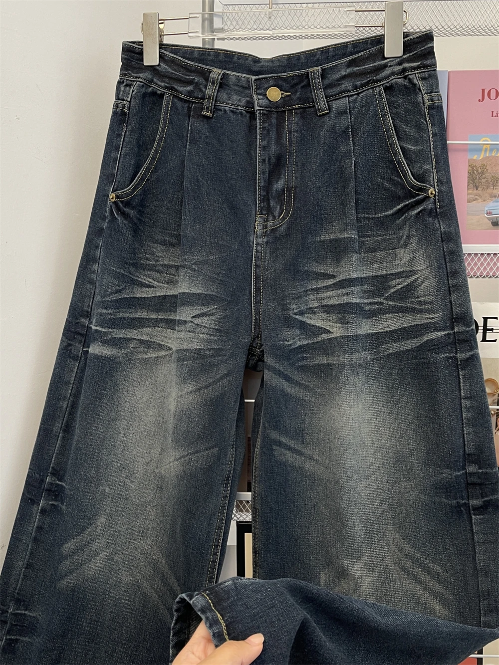 남성용 하이 스트리트 워싱 진, 아메리칸 패션 레트로 루즈 데님 팬츠, 가을 캐주얼 디스트레스드 와이드 레그 트라우저